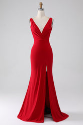 Rotes Ballkleid mit Meerjungfrauen V-Ausschnitt und Schlitz